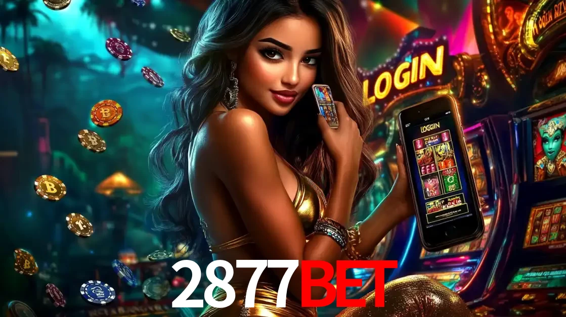 Mulher em um cenário de cassino temático de aventura, mostrando o app de caça-níqueis da 2877BET no celular. Fichas de apostas flutuam ao redor.