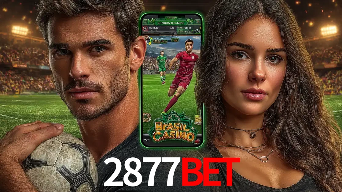 Homem segurando uma bola de futebol e uma mulher ao lado de um smartphone exibindo o jogo de apostas esportivas da 2877BET. Faça seu palpite no cassino online.